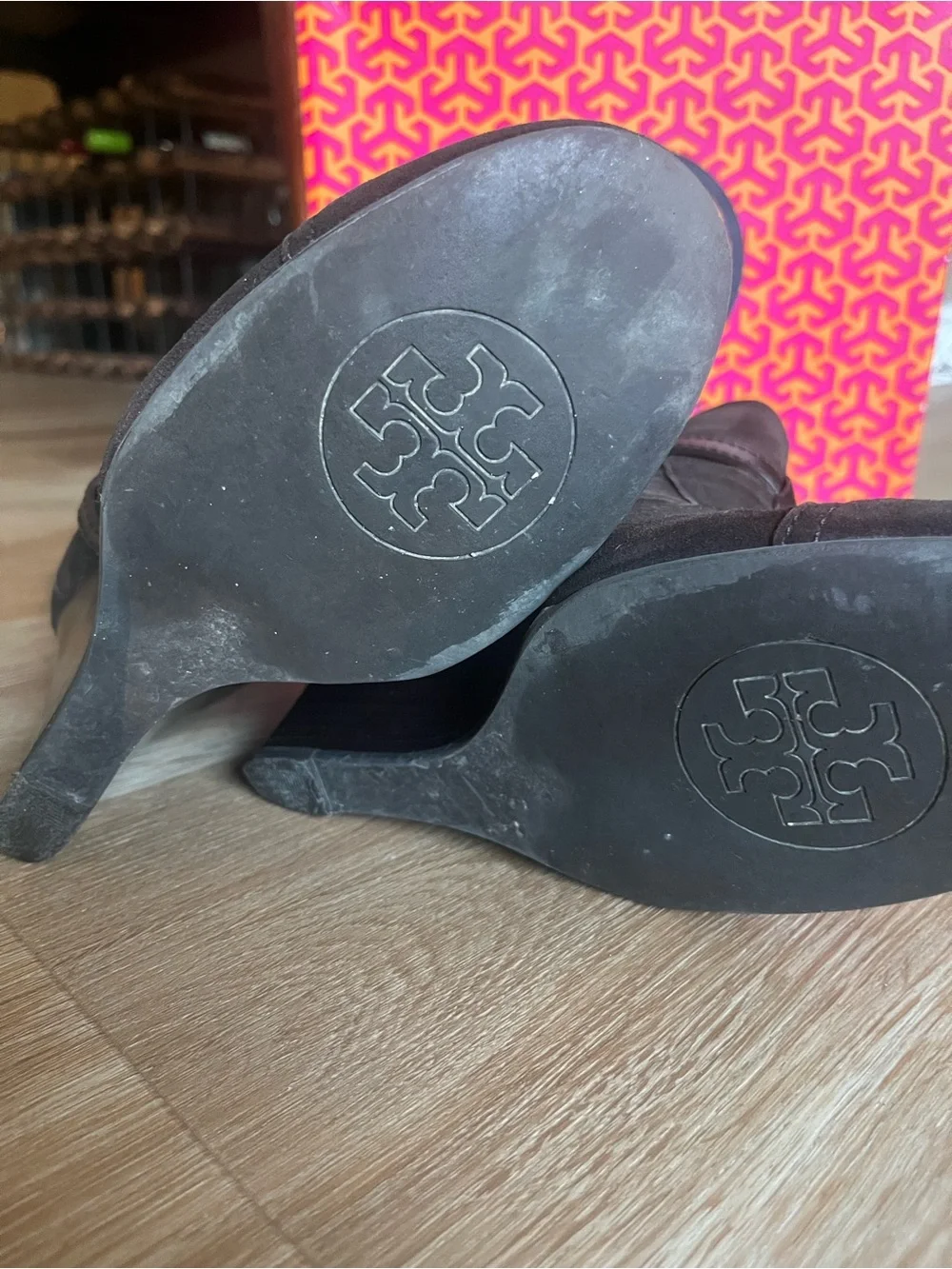 Tory Burch Dark Brown Suede Wedge Ankle Boots with Gold Logo
